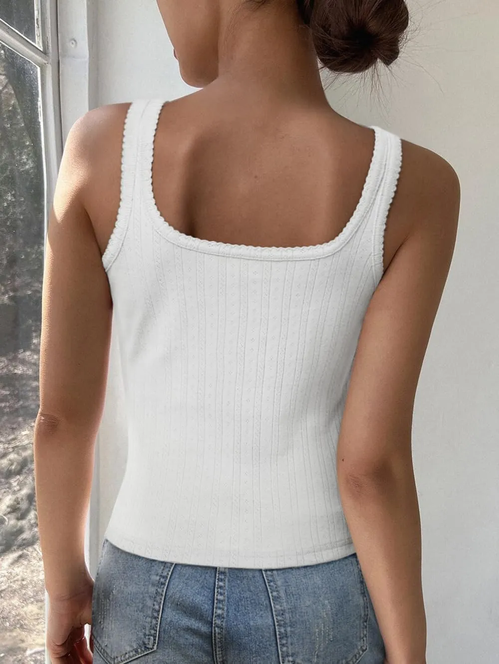 Women Square Neck Crop Tank Tops Sexy Y2K Summer Sleeveless Button Down Fitted Shirts Lace Going Out Camisole Tops