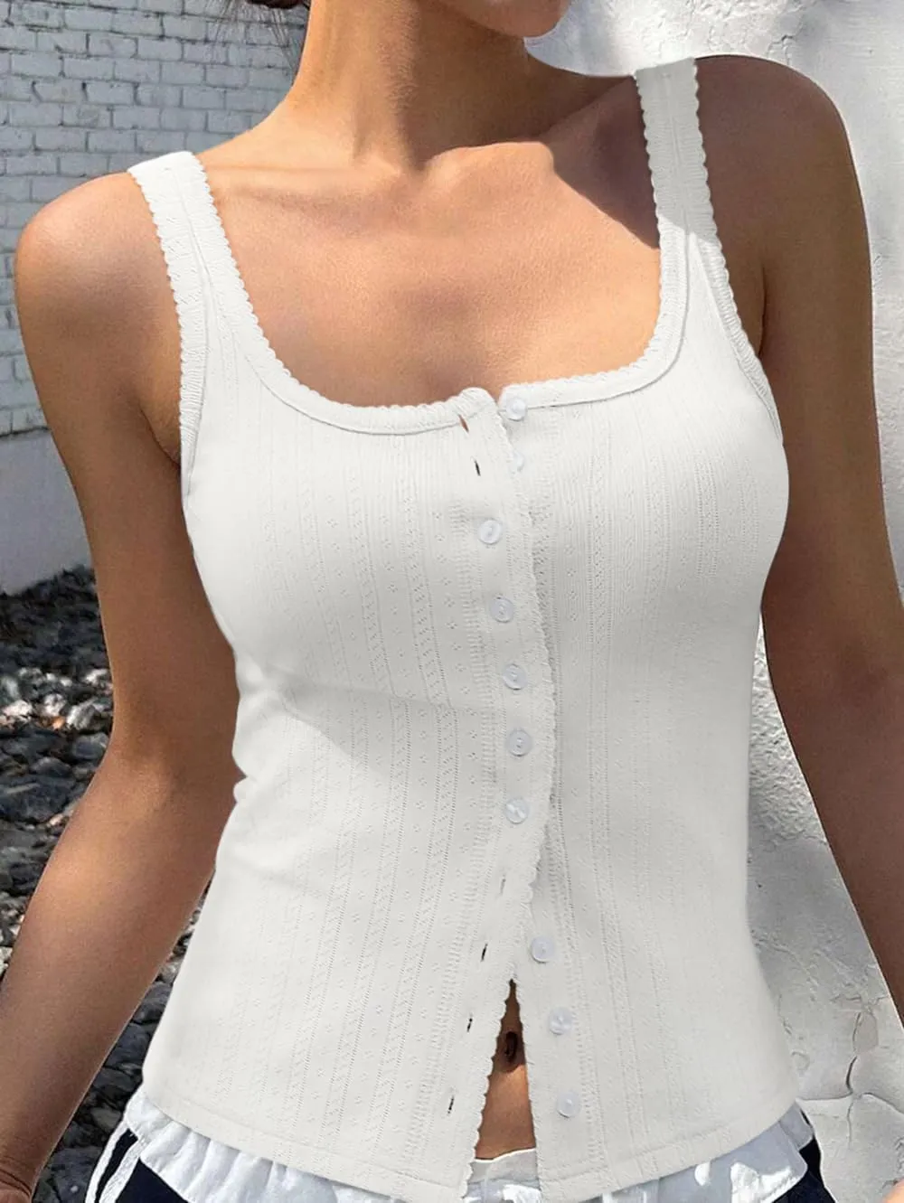 Women Square Neck Crop Tank Tops Sexy Y2K Summer Sleeveless Button Down Fitted Shirts Lace Going Out Camisole Tops