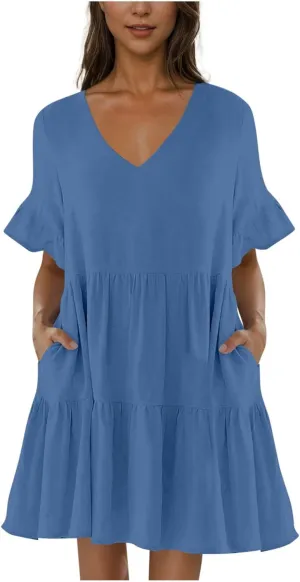 Women Summer Casual Dress Loose V Neck Sundress Short Flowy Dress Ruffle Tiered Mini Dress Cute Shirt Dress for Beach