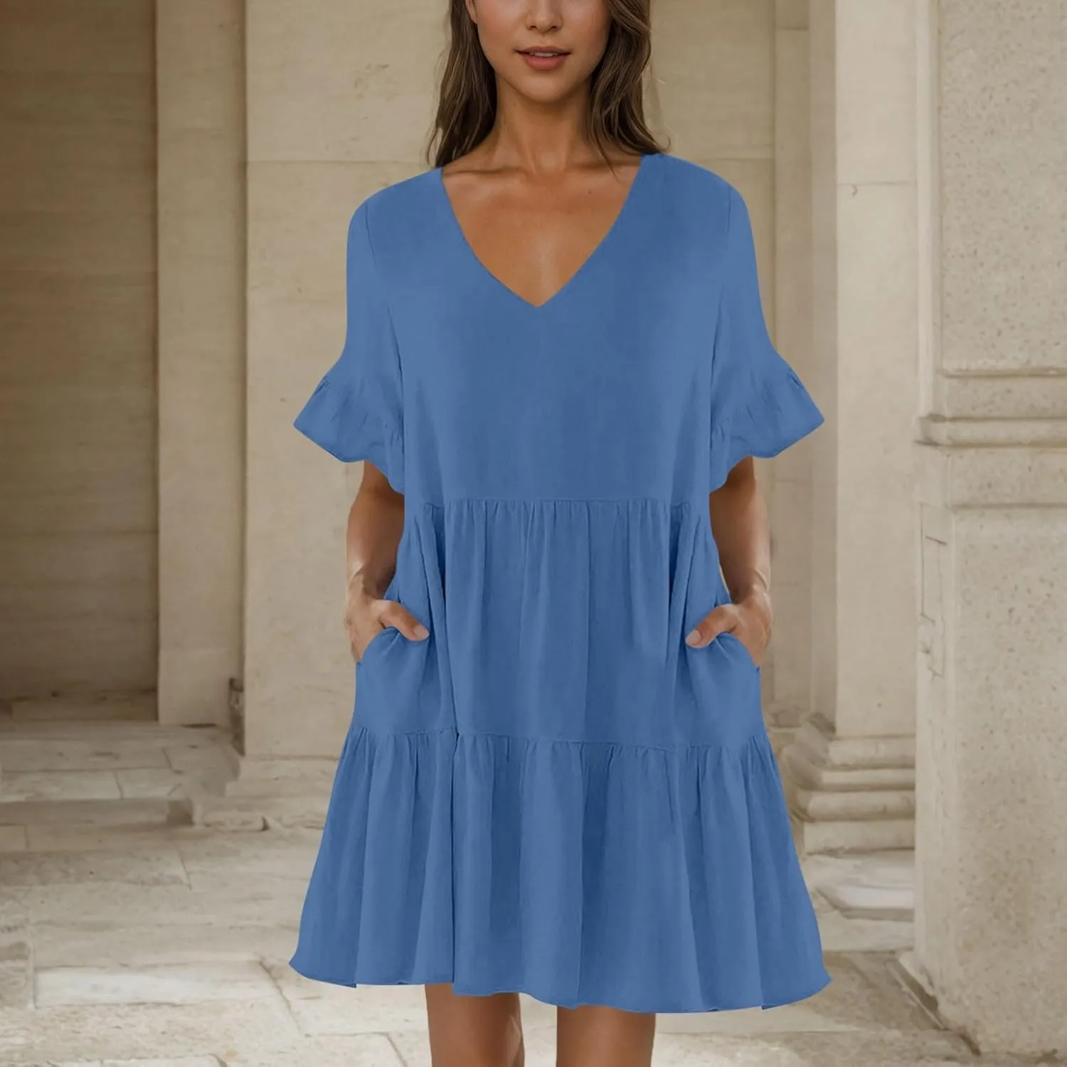 Women Summer Casual Dress Loose V Neck Sundress Short Flowy Dress Ruffle Tiered Mini Dress Cute Shirt Dress for Beach