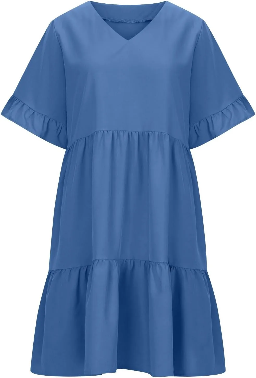 Women Summer Casual Dress Loose V Neck Sundress Short Flowy Dress Ruffle Tiered Mini Dress Cute Shirt Dress for Beach