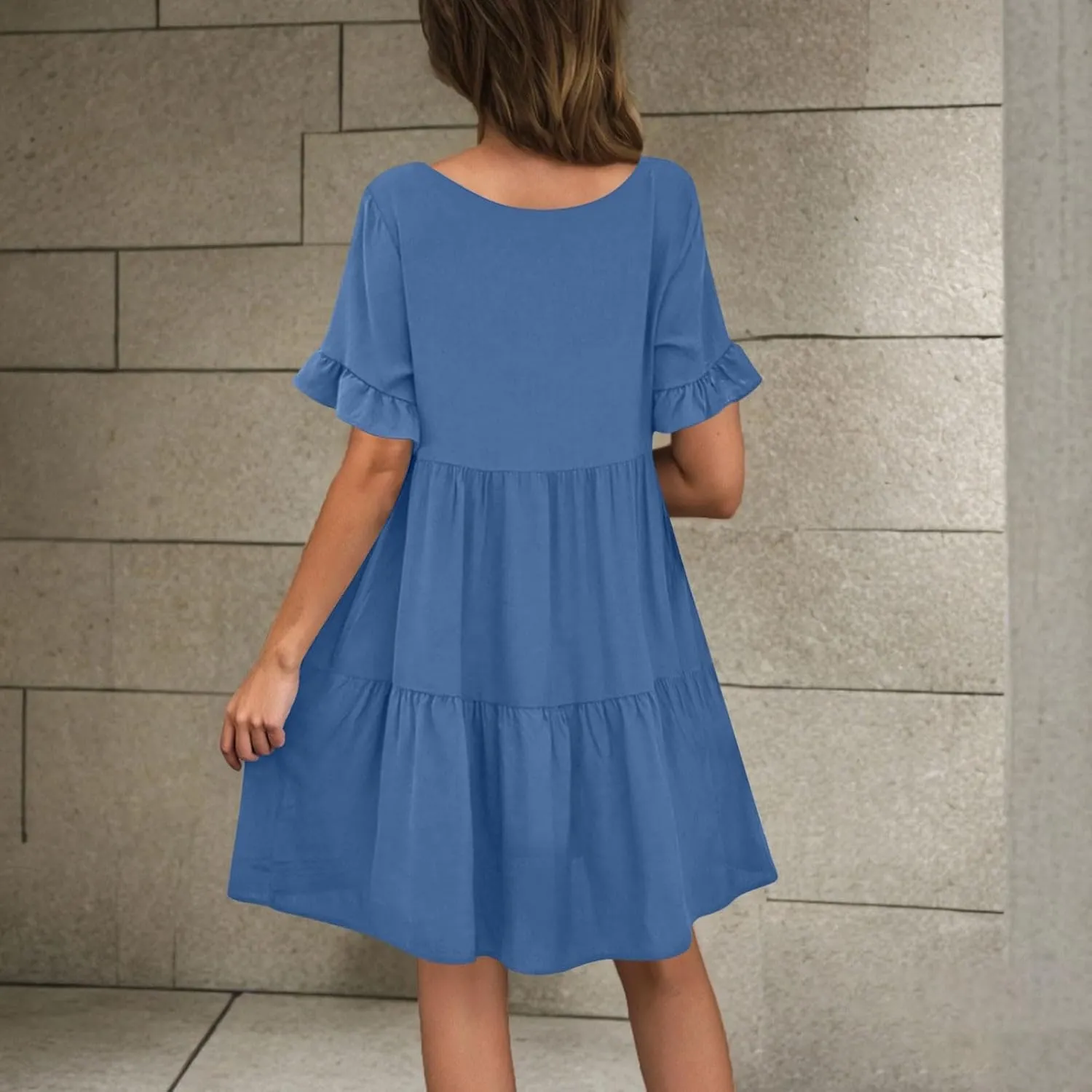 Women Summer Casual Dress Loose V Neck Sundress Short Flowy Dress Ruffle Tiered Mini Dress Cute Shirt Dress for Beach