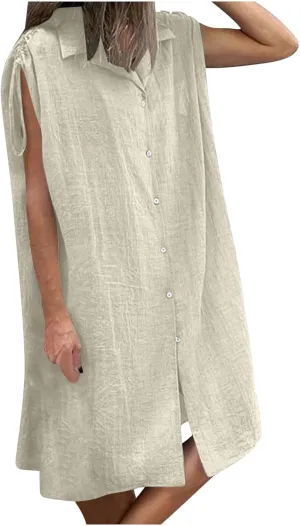 Women Summer Casual Loose Button Down Shirt Dress Tie Short Sleeve V Neck Lapel Collar Mini Dresses Beach Cover Ups