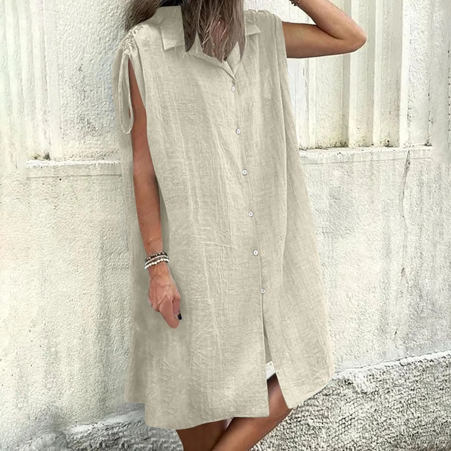 Women Summer Casual Loose Button Down Shirt Dress Tie Short Sleeve V Neck Lapel Collar Mini Dresses Beach Cover Ups