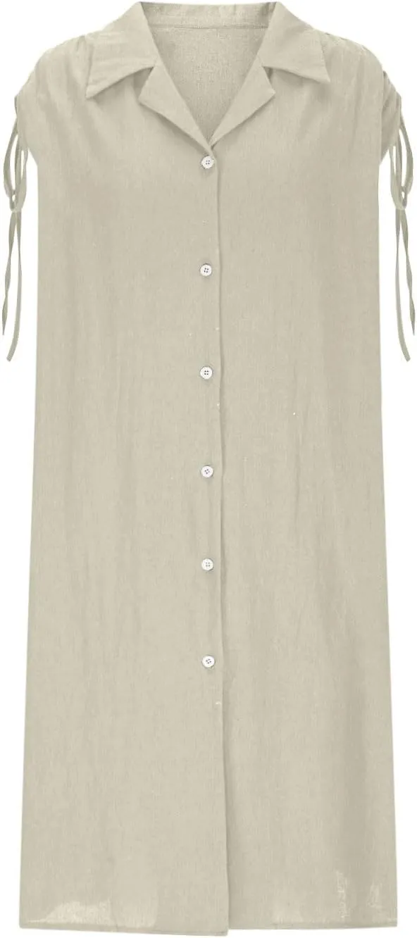 Women Summer Casual Loose Button Down Shirt Dress Tie Short Sleeve V Neck Lapel Collar Mini Dresses Beach Cover Ups