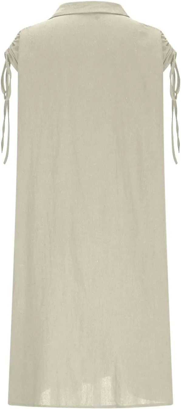 Women Summer Casual Loose Button Down Shirt Dress Tie Short Sleeve V Neck Lapel Collar Mini Dresses Beach Cover Ups