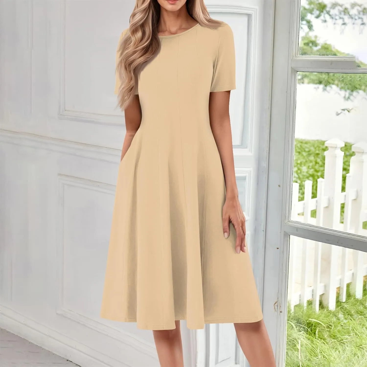 Women Summer Dress Short Sleeve Crewneck Pleated Swing Dresses Solid Color Beach Vacation Midi Sundress with Pocket