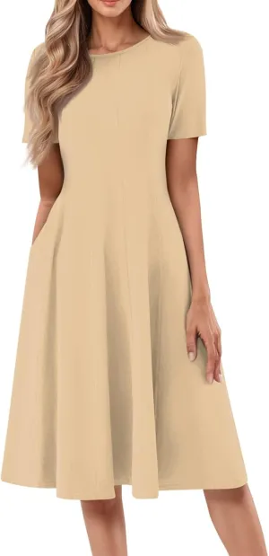 Women Summer Dress Short Sleeve Crewneck Pleated Swing Dresses Solid Color Beach Vacation Midi Sundress with Pocket