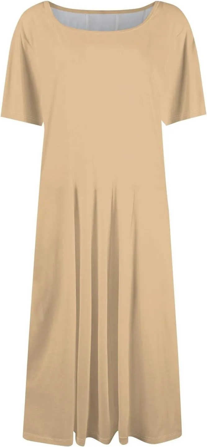 Women Summer Dress Short Sleeve Crewneck Pleated Swing Dresses Solid Color Beach Vacation Midi Sundress with Pocket