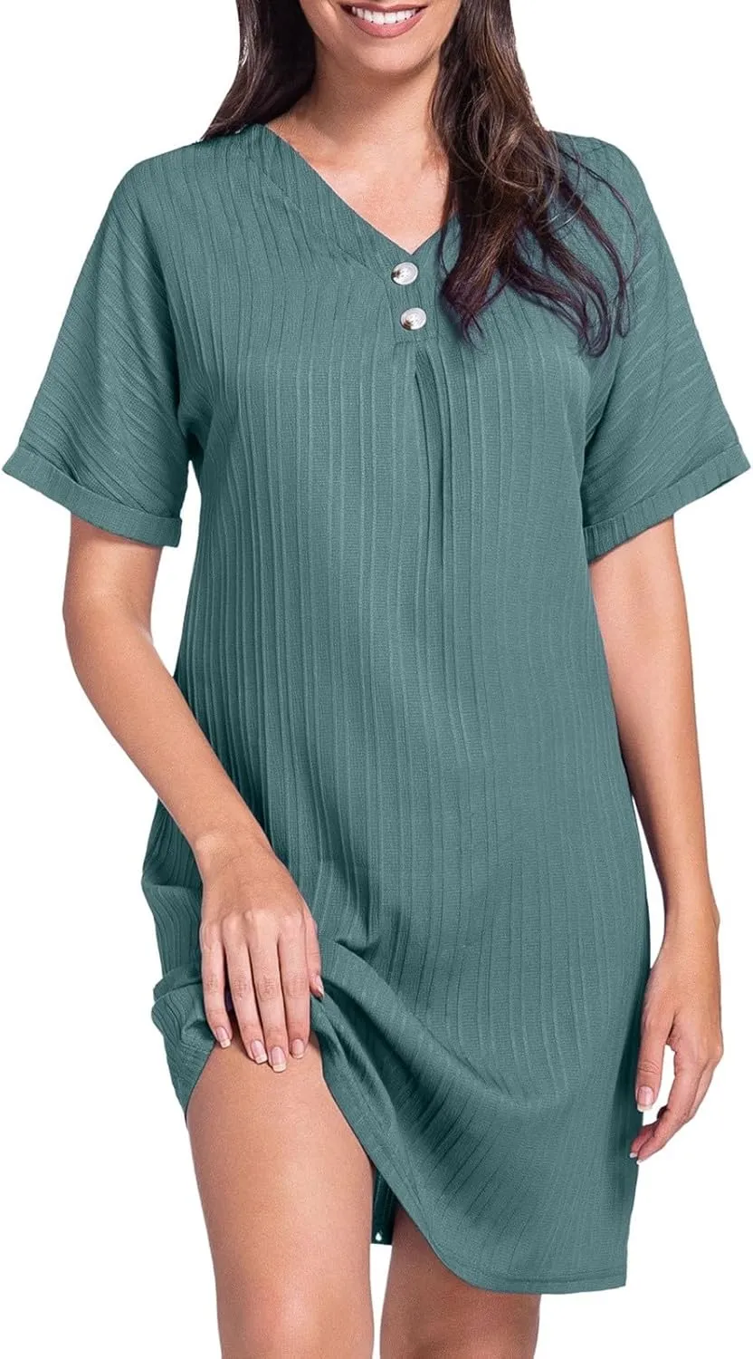Women Summer Dresses 2024 Button V Neck Cap Sleeve Beach Sundress Casual Swing A Line Short Mini Dress
