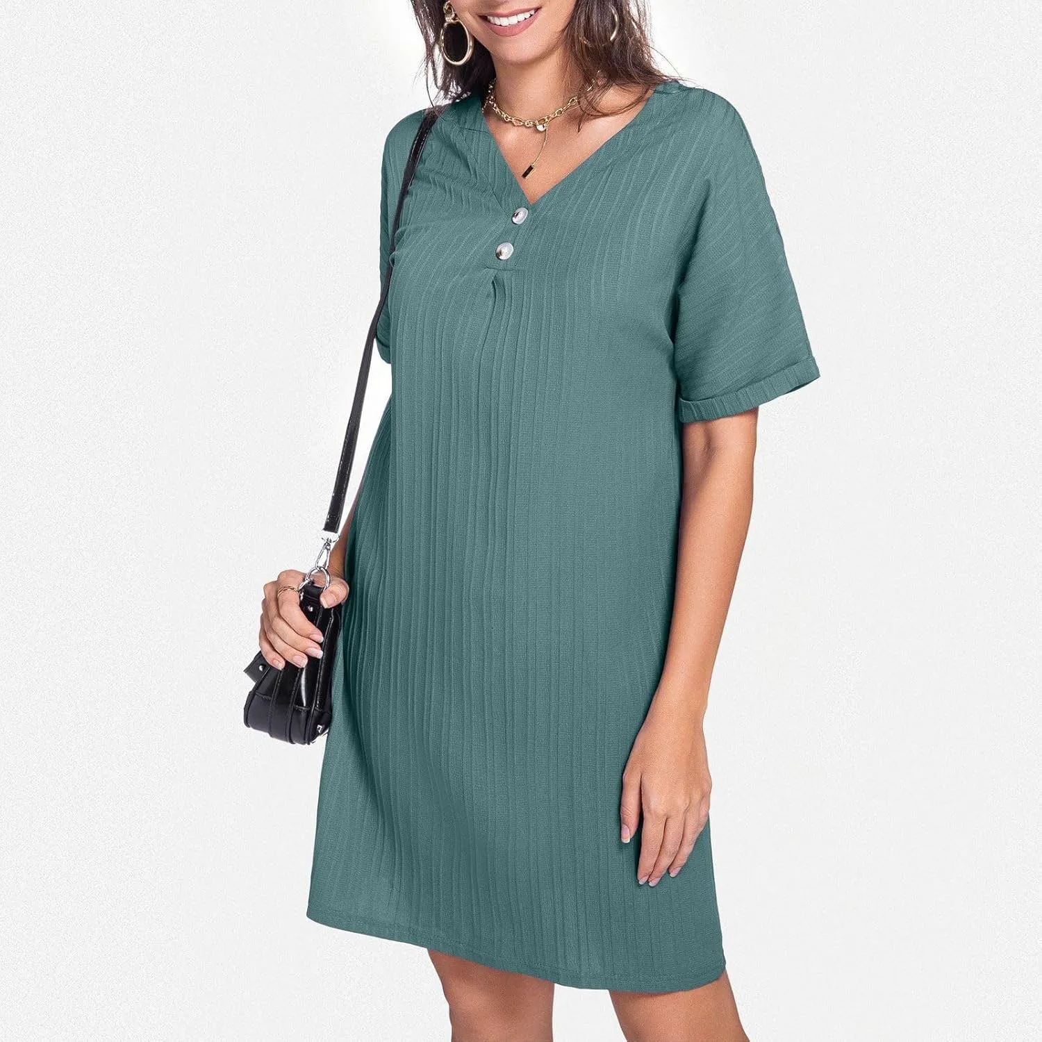 Women Summer Dresses 2024 Button V Neck Cap Sleeve Beach Sundress Casual Swing A Line Short Mini Dress