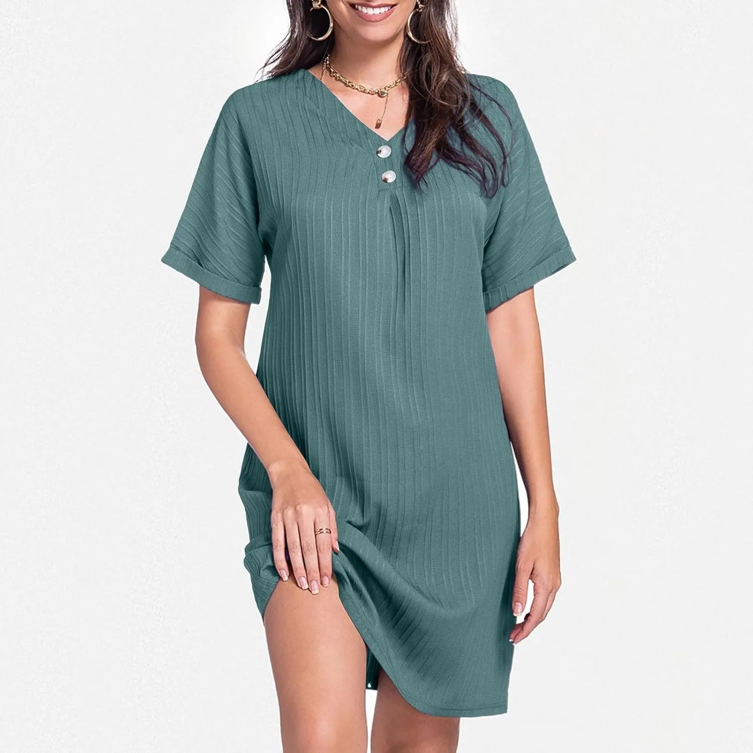 Women Summer Dresses 2024 Button V Neck Cap Sleeve Beach Sundress Casual Swing A Line Short Mini Dress