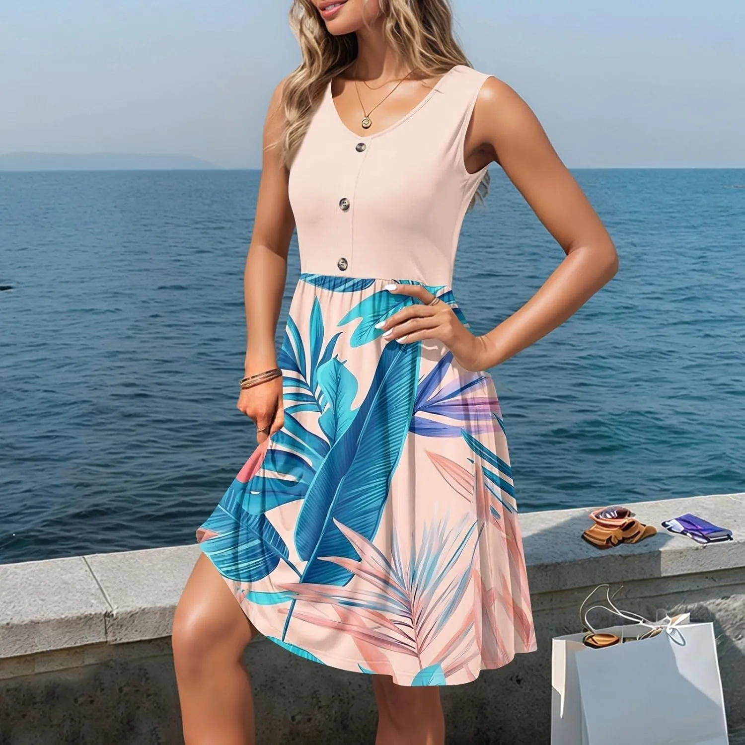 Women Summer Dresses 2025 Beach Vacation Tank Dress Casual Loose Swing Button Down Sleeveless Midi Sundress with Pockets