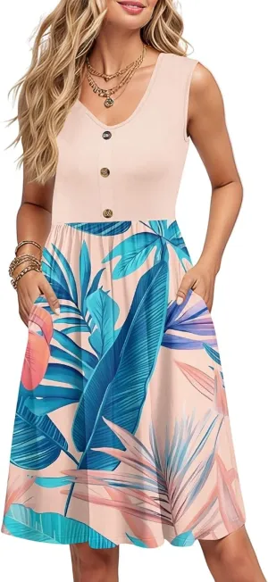 Women Summer Dresses 2025 Beach Vacation Tank Dress Casual Loose Swing Button Down Sleeveless Midi Sundress with Pockets