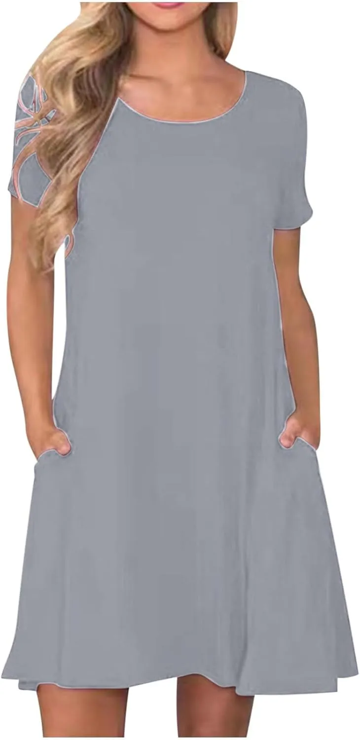 Women Summer Dresses Short Sleeve Casual Round Neck Beach Dress Fashion Solid Color Vacation Loose Pleated Sundress