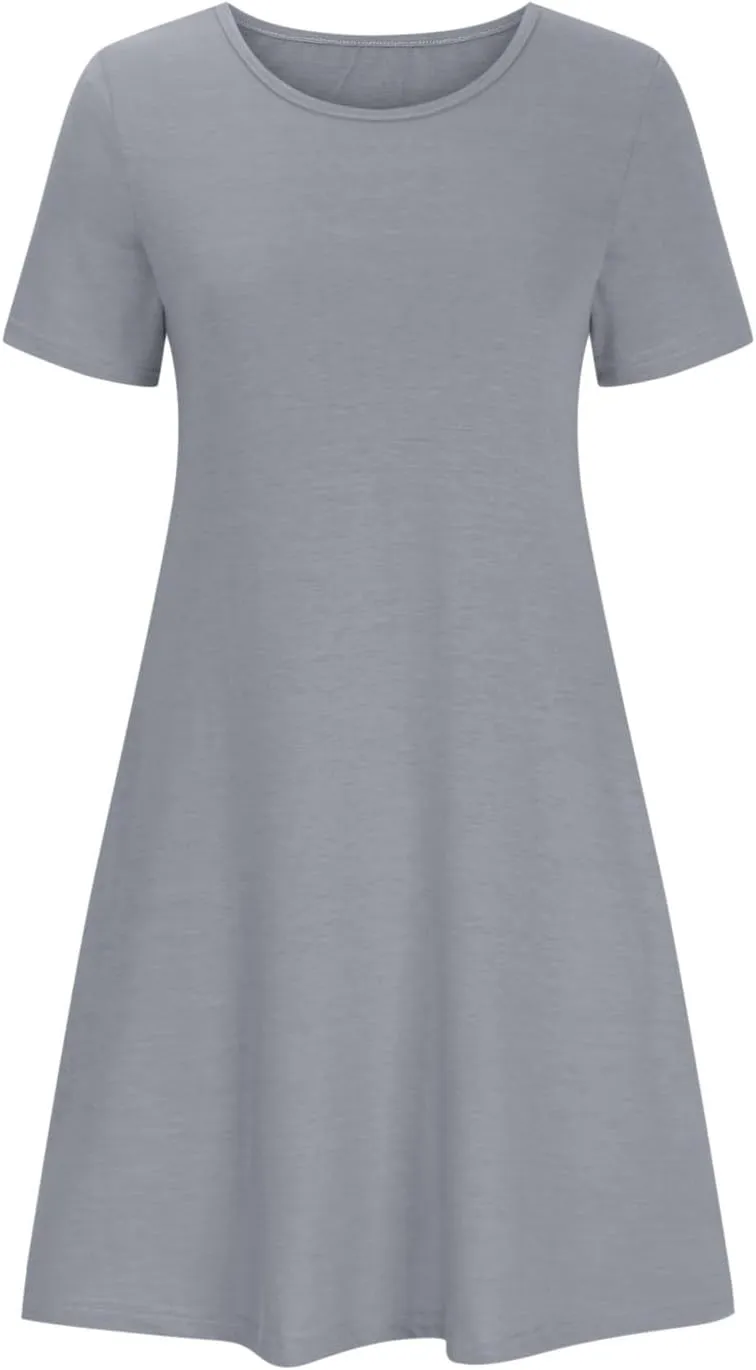 Women Summer Dresses Short Sleeve Casual Round Neck Beach Dress Fashion Solid Color Vacation Loose Pleated Sundress