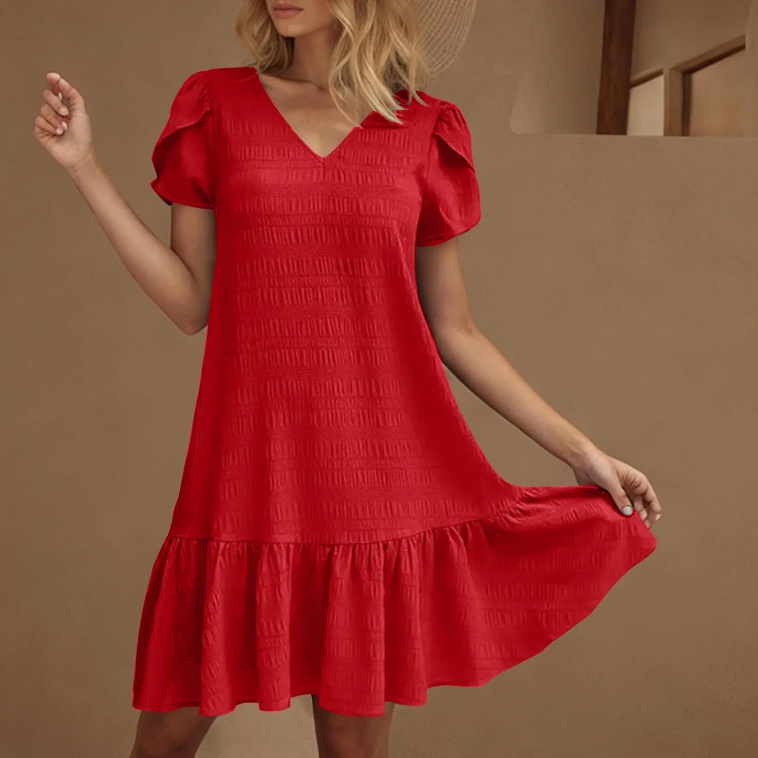 Women Summer Dresses Trendy Petal Sleeve V-Neck Solid Loose Casual Pleated Ruffle Hem Mini Dress Beach Sundress