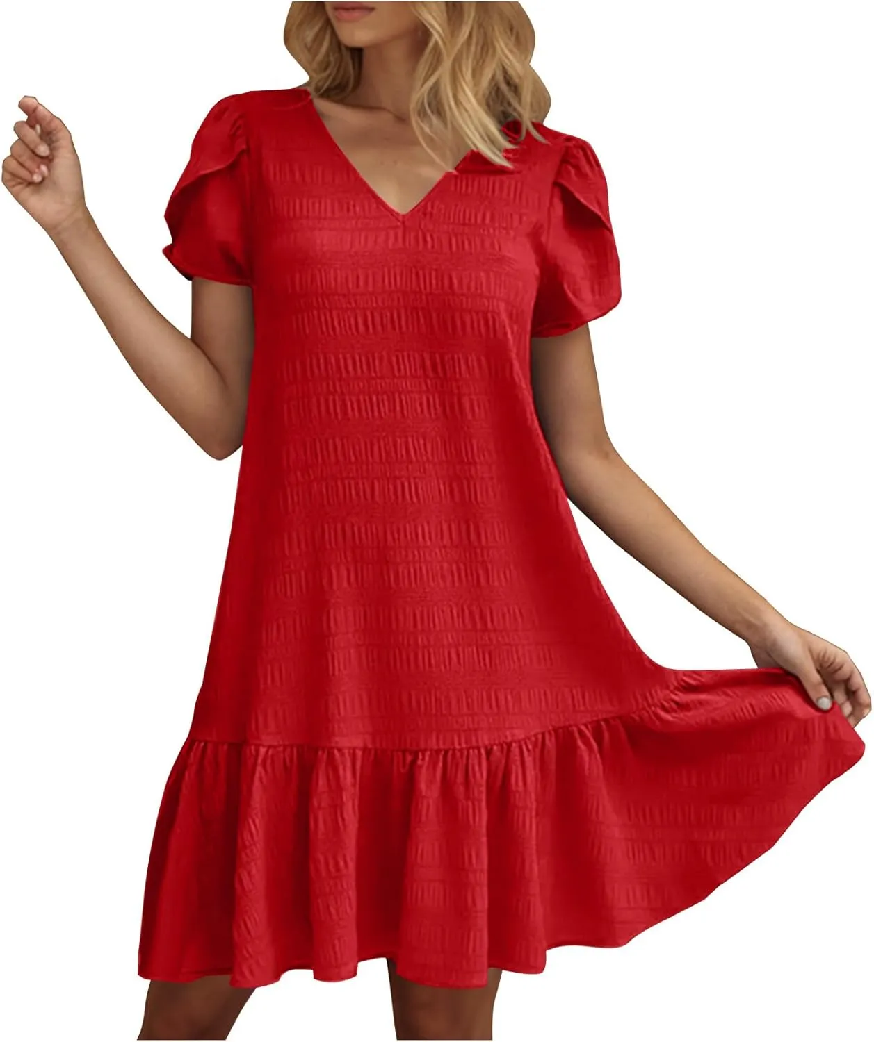 Women Summer Dresses Trendy Petal Sleeve V-Neck Solid Loose Casual Pleated Ruffle Hem Mini Dress Beach Sundress