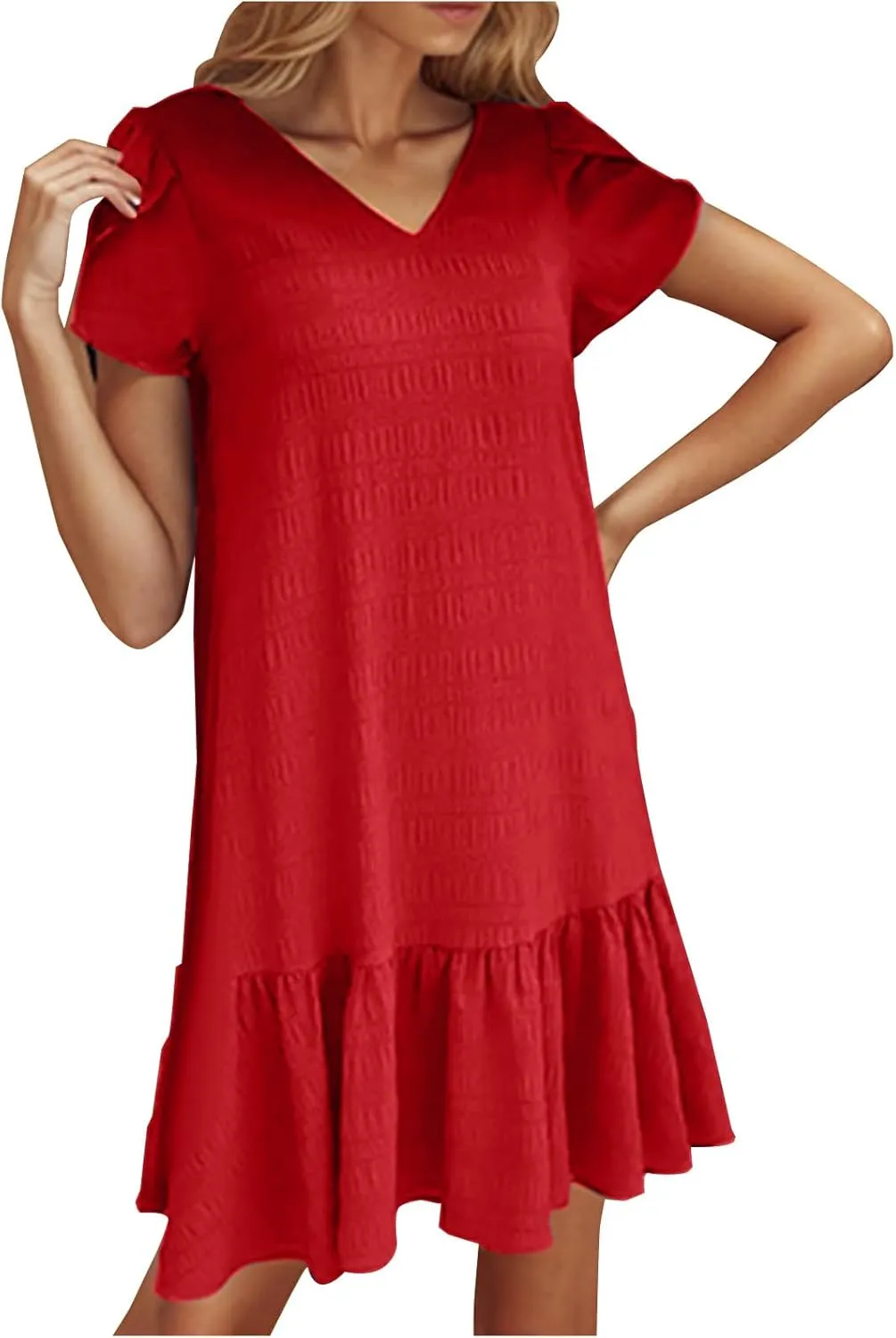 Women Summer Dresses Trendy Petal Sleeve V-Neck Solid Loose Casual Pleated Ruffle Hem Mini Dress Beach Sundress