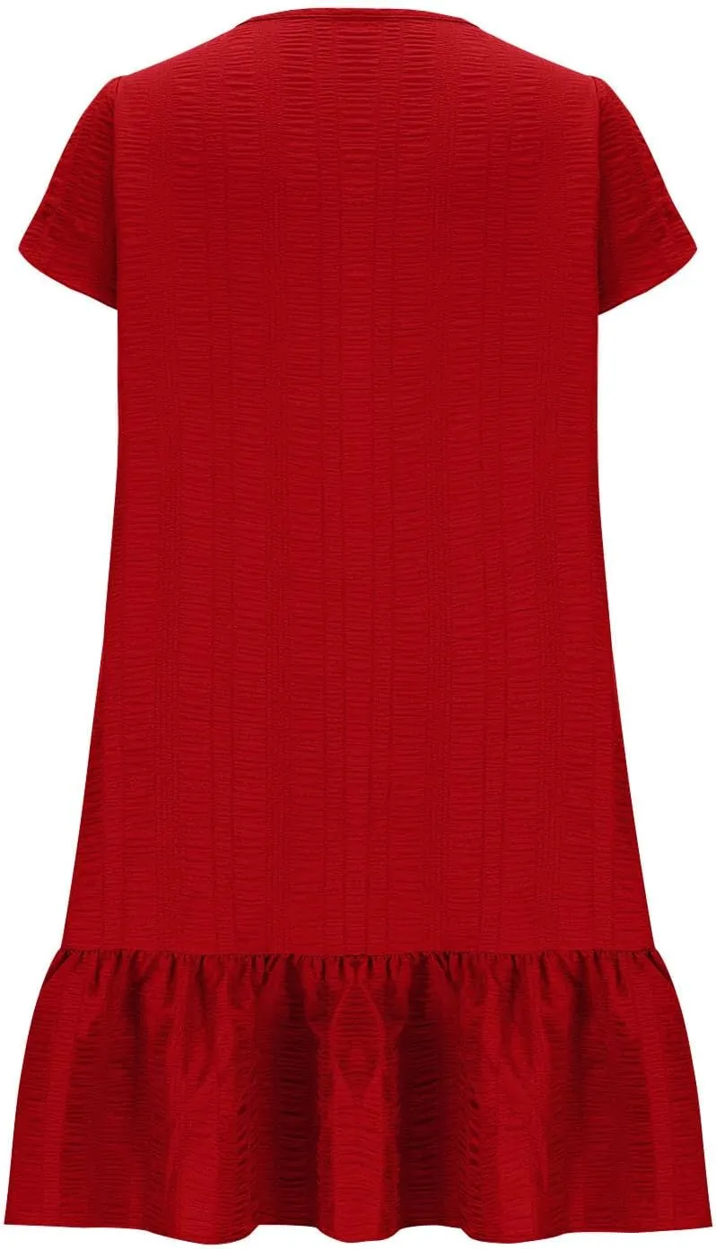 Women Summer Dresses Trendy Petal Sleeve V-Neck Solid Loose Casual Pleated Ruffle Hem Mini Dress Beach Sundress