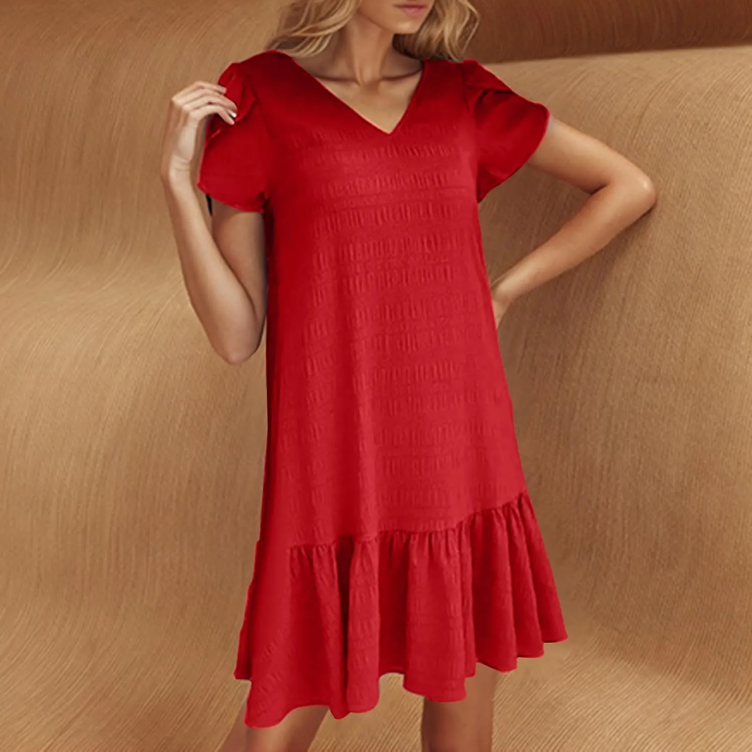 Women Summer Dresses Trendy Petal Sleeve V-Neck Solid Loose Casual Pleated Ruffle Hem Mini Dress Beach Sundress