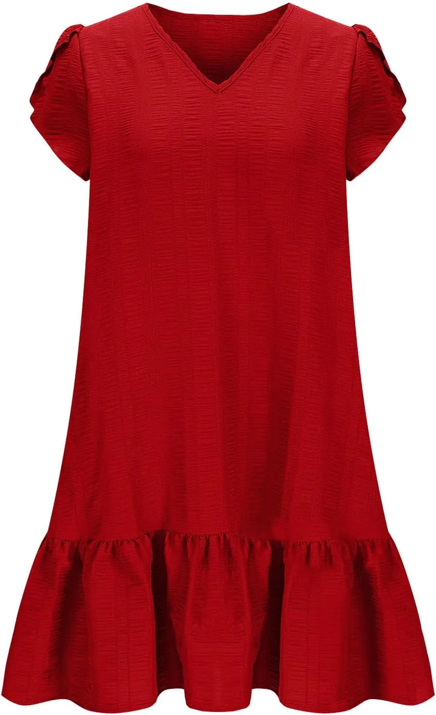 Women Summer Dresses Trendy Petal Sleeve V-Neck Solid Loose Casual Pleated Ruffle Hem Mini Dress Beach Sundress