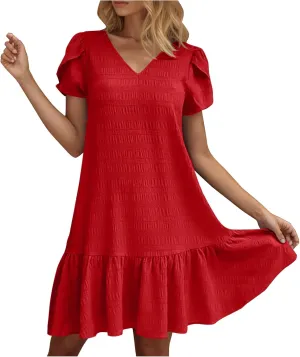 Women Summer Dresses Trendy Petal Sleeve V-Neck Solid Loose Casual Pleated Ruffle Hem Mini Dress Beach Sundress