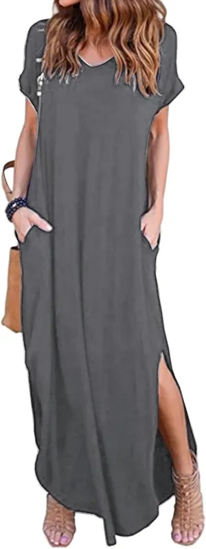 Women Summer Long T Shirt Dress Loose Short Sleeve Split Long Maxi Dresses Casual Beach Sundress Travel Vacation Outfits