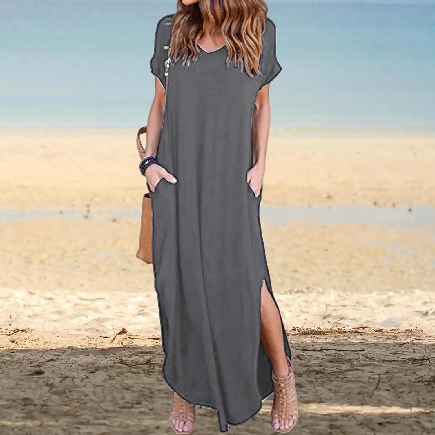 Women Summer Long T Shirt Dress Loose Short Sleeve Split Long Maxi Dresses Casual Beach Sundress Travel Vacation Outfits