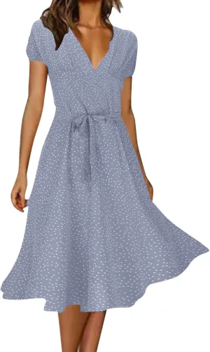 Women Summer Short Sleeve Casual Midi Dresses V Neck Floral Sundress Faux Wrap Dress with Pocket Chiffon Floral Beach Dresses