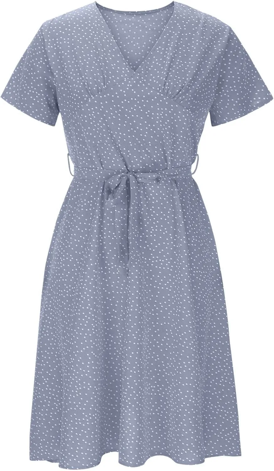 Women Summer Short Sleeve Casual Midi Dresses V Neck Floral Sundress Faux Wrap Dress with Pocket Chiffon Floral Beach Dresses