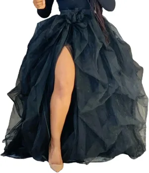 Women Tulle Maxi Skirt Sexy Sheer Mesh High Low Waist Irregular Long Skirts Cocktail Party Club Split Skirt