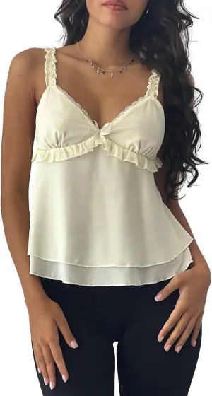 Women Y2k Cami Tops Sleeveless Bow Front Ruffled Top Frill Spaghetti Strap Cropped Camisole