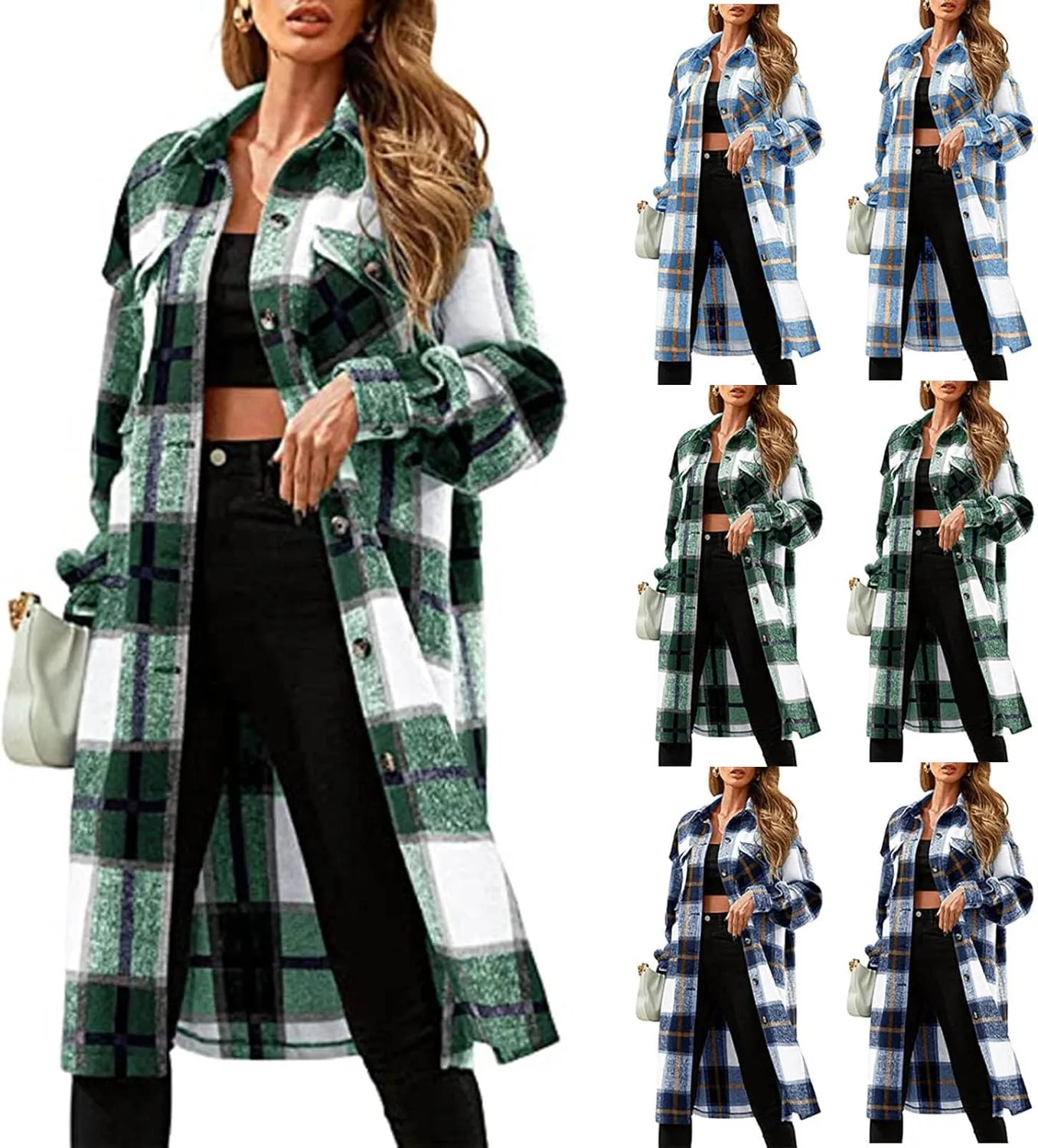 Womens 2023 Fall Flannel Shacket Jacket Brushed Plaid Shirts Outerwear Casual Lapel Button Down Tartan Trench Coat