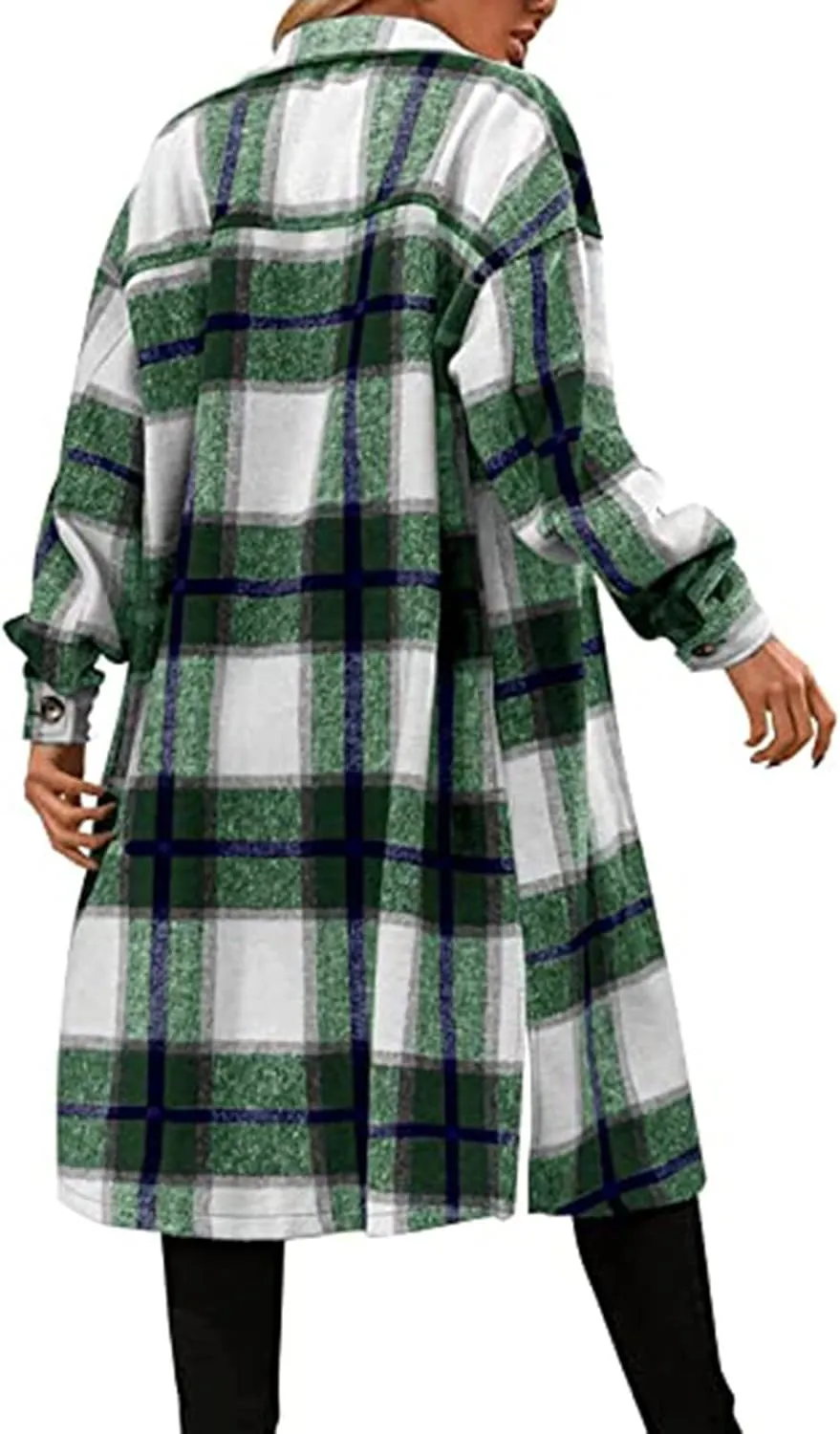 Womens 2023 Fall Flannel Shacket Jacket Brushed Plaid Shirts Outerwear Casual Lapel Button Down Tartan Trench Coat