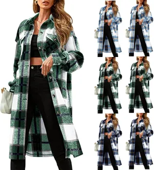 Womens 2023 Fall Flannel Shacket Jacket Brushed Plaid Shirts Outerwear Casual Lapel Button Down Tartan Trench Coat