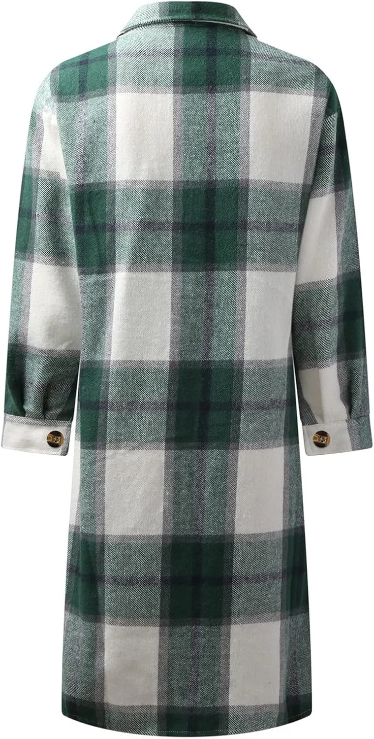 Womens 2023 Fall Flannel Shacket Jacket Brushed Plaid Shirts Outerwear Casual Lapel Button Down Tartan Trench Coat