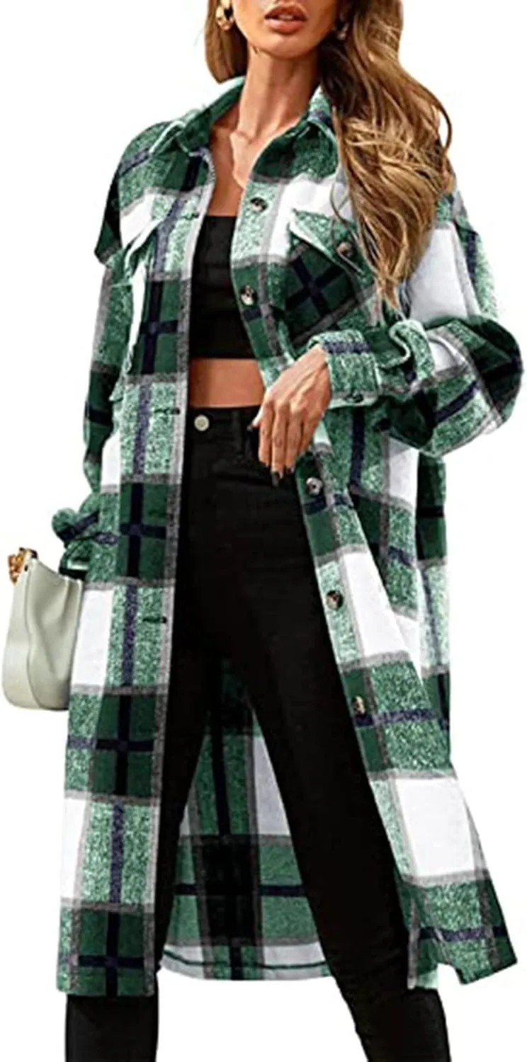 Womens 2023 Fall Flannel Shacket Jacket Brushed Plaid Shirts Outerwear Casual Lapel Button Down Tartan Trench Coat