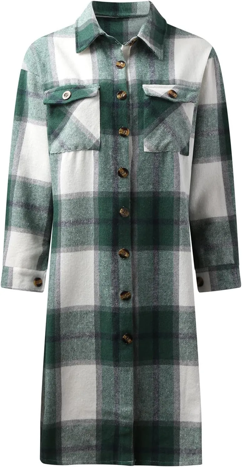 Womens 2023 Fall Flannel Shacket Jacket Brushed Plaid Shirts Outerwear Casual Lapel Button Down Tartan Trench Coat