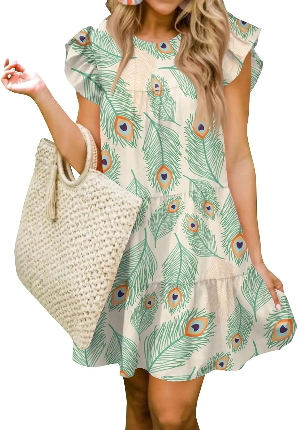 Womens 2025 Floral Summer Dress Crewneck Ruffled Hem Geometric Print Sundress with Stretchy Waist Beach Vacations