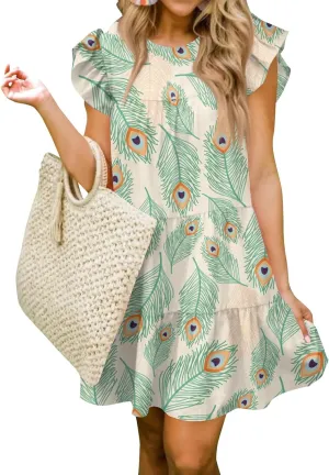 Womens 2025 Floral Summer Dress Crewneck Ruffled Hem Geometric Print Sundress with Stretchy Waist Beach Vacations
