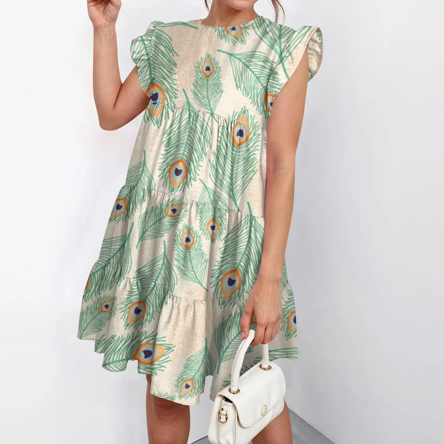 Womens 2025 Floral Summer Dress Crewneck Ruffled Hem Geometric Print Sundress with Stretchy Waist Beach Vacations