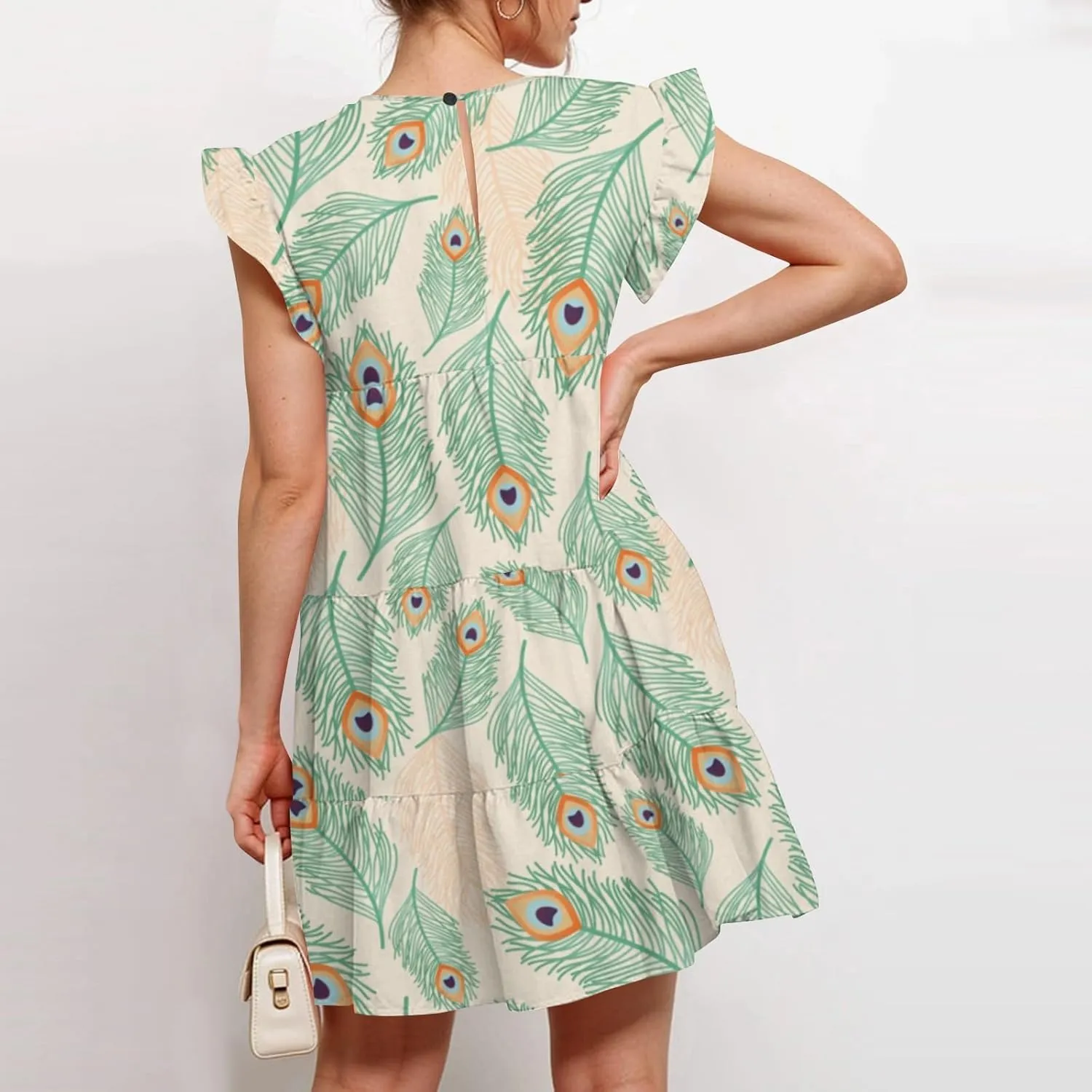 Womens 2025 Floral Summer Dress Crewneck Ruffled Hem Geometric Print Sundress with Stretchy Waist Beach Vacations