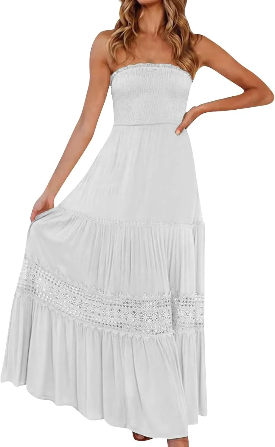 Women's 2025 Summer Bohemian Strapless Off Shoulder Lace Trim Backless Flowy A Line Beach Long Maxi Dress