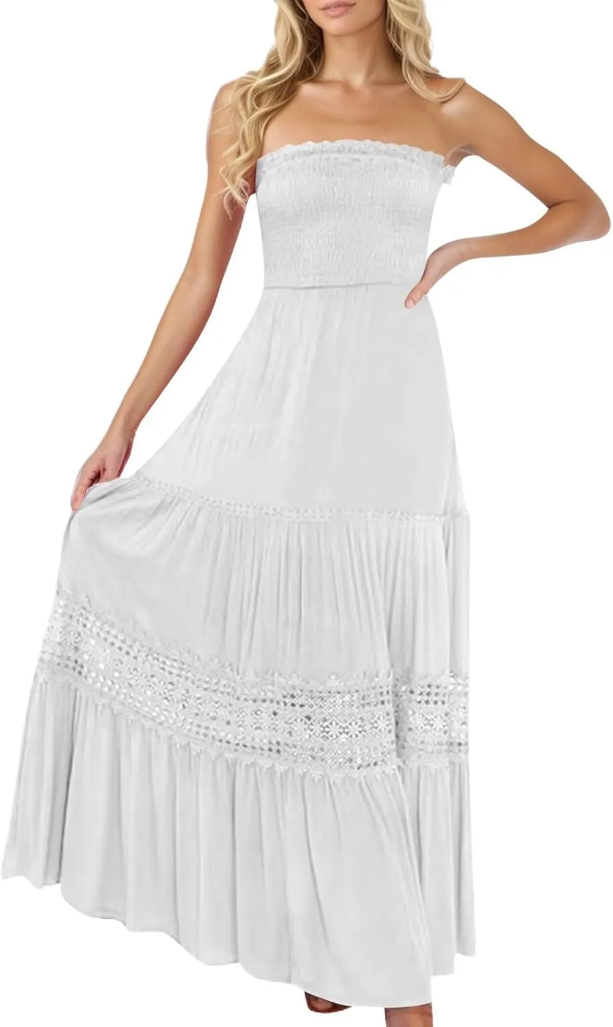 Women's 2025 Summer Bohemian Strapless Off Shoulder Lace Trim Backless Flowy A Line Beach Long Maxi Dress