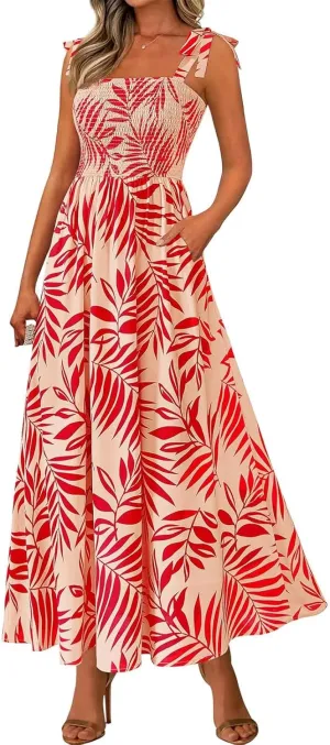 Women's 2025 Summer Floral Boho Maxi Dress Square Neck Strapped Tiered Casual Flowy Long Beach Vacation Dresses