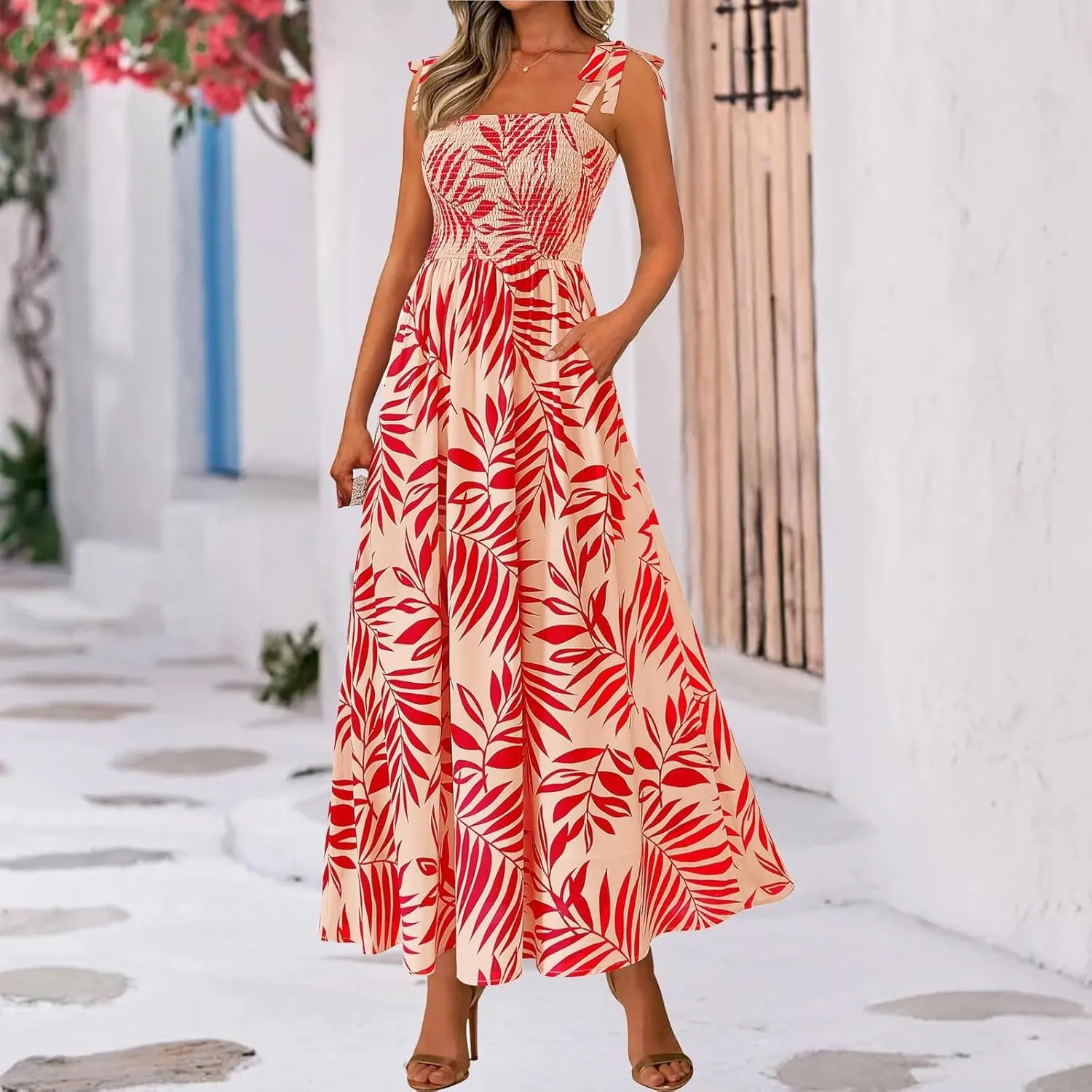 Women's 2025 Summer Floral Boho Maxi Dress Square Neck Strapped Tiered Casual Flowy Long Beach Vacation Dresses