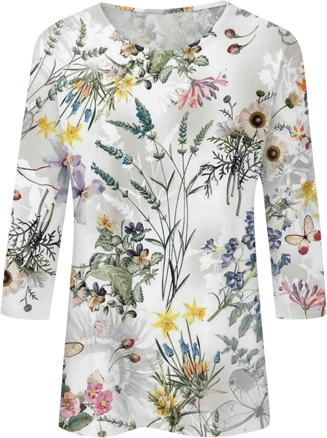 Womens 3/4 Length Sleeve Tops Crew Neck Shirts Casual Trendy Floral Print Blouses Tunic Spring Summer Top