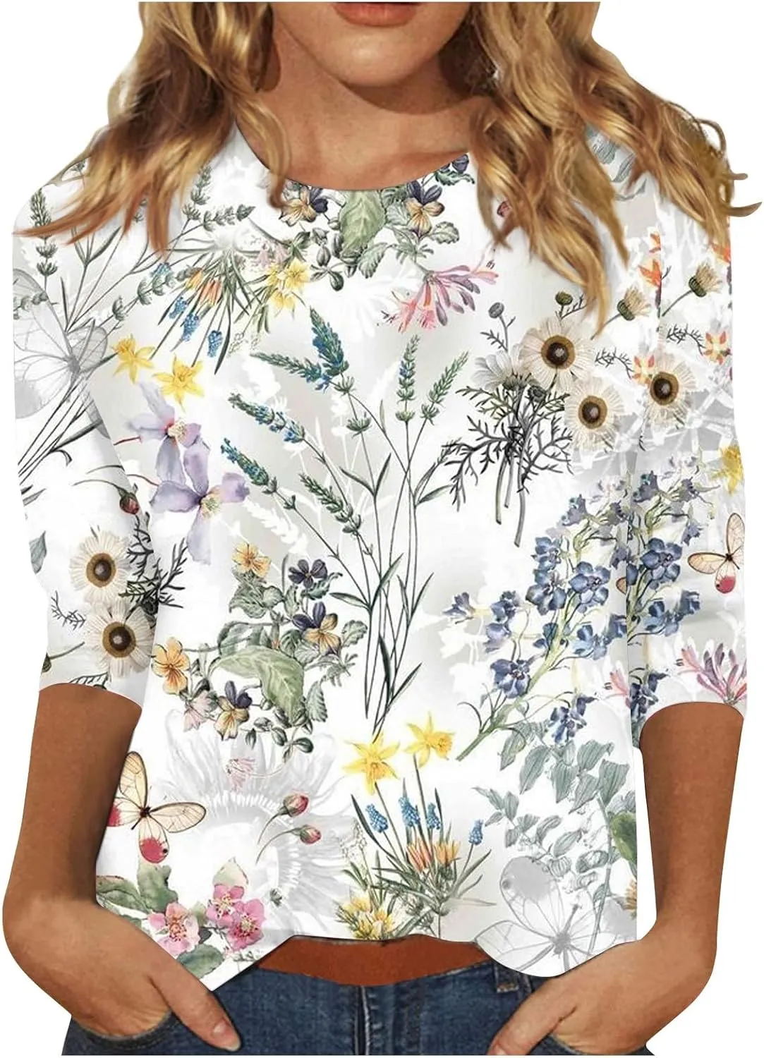 Womens 3/4 Length Sleeve Tops Crew Neck Shirts Casual Trendy Floral Print Blouses Tunic Spring Summer Top
