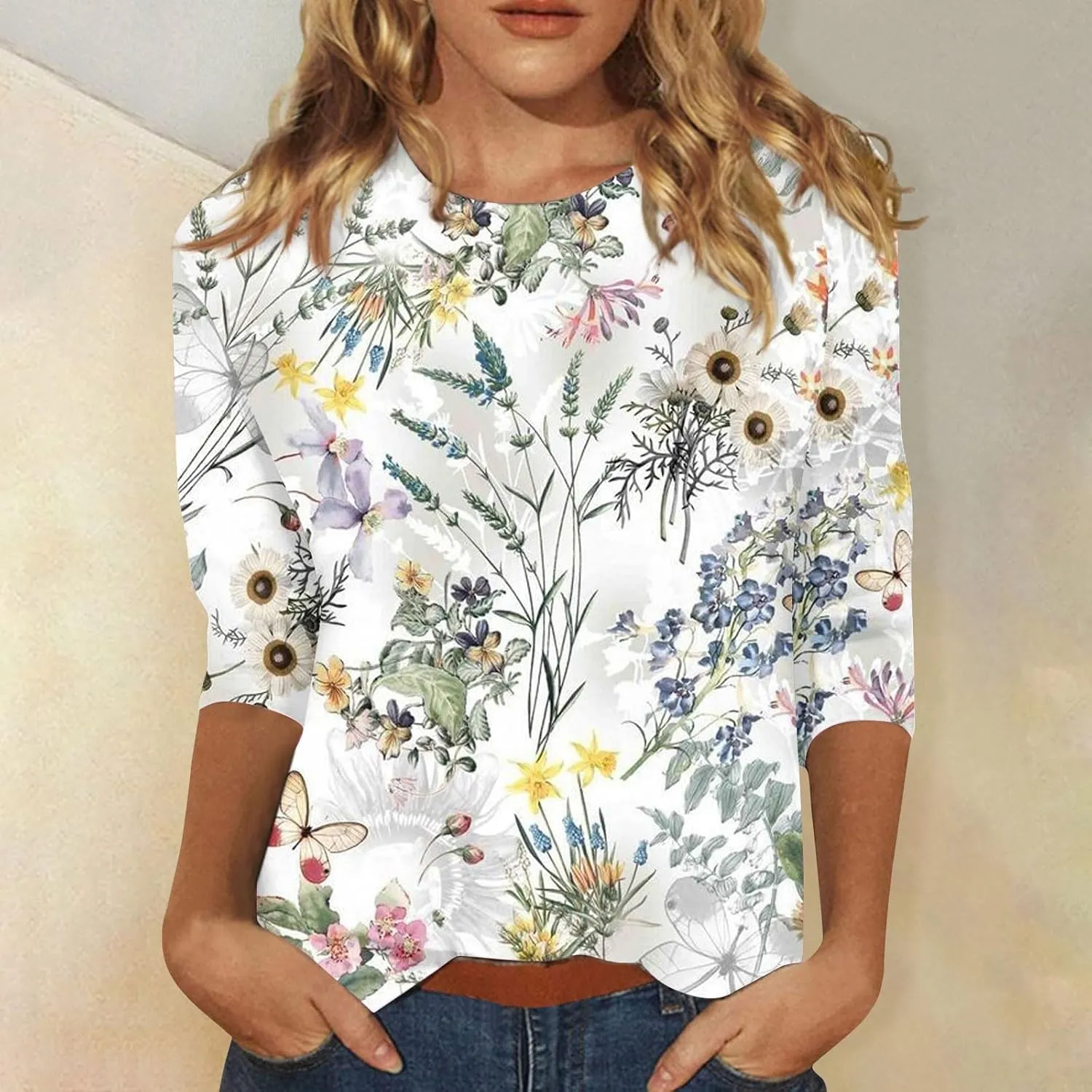 Womens 3/4 Length Sleeve Tops Crew Neck Shirts Casual Trendy Floral Print Blouses Tunic Spring Summer Top